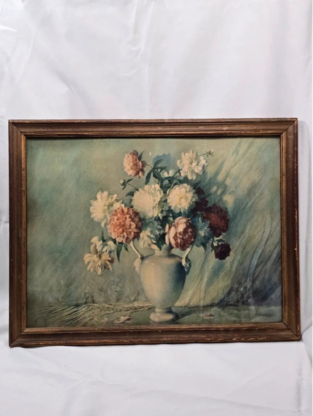 Vintage Floral Still Life Print Wood Frame Cottage Wall Art